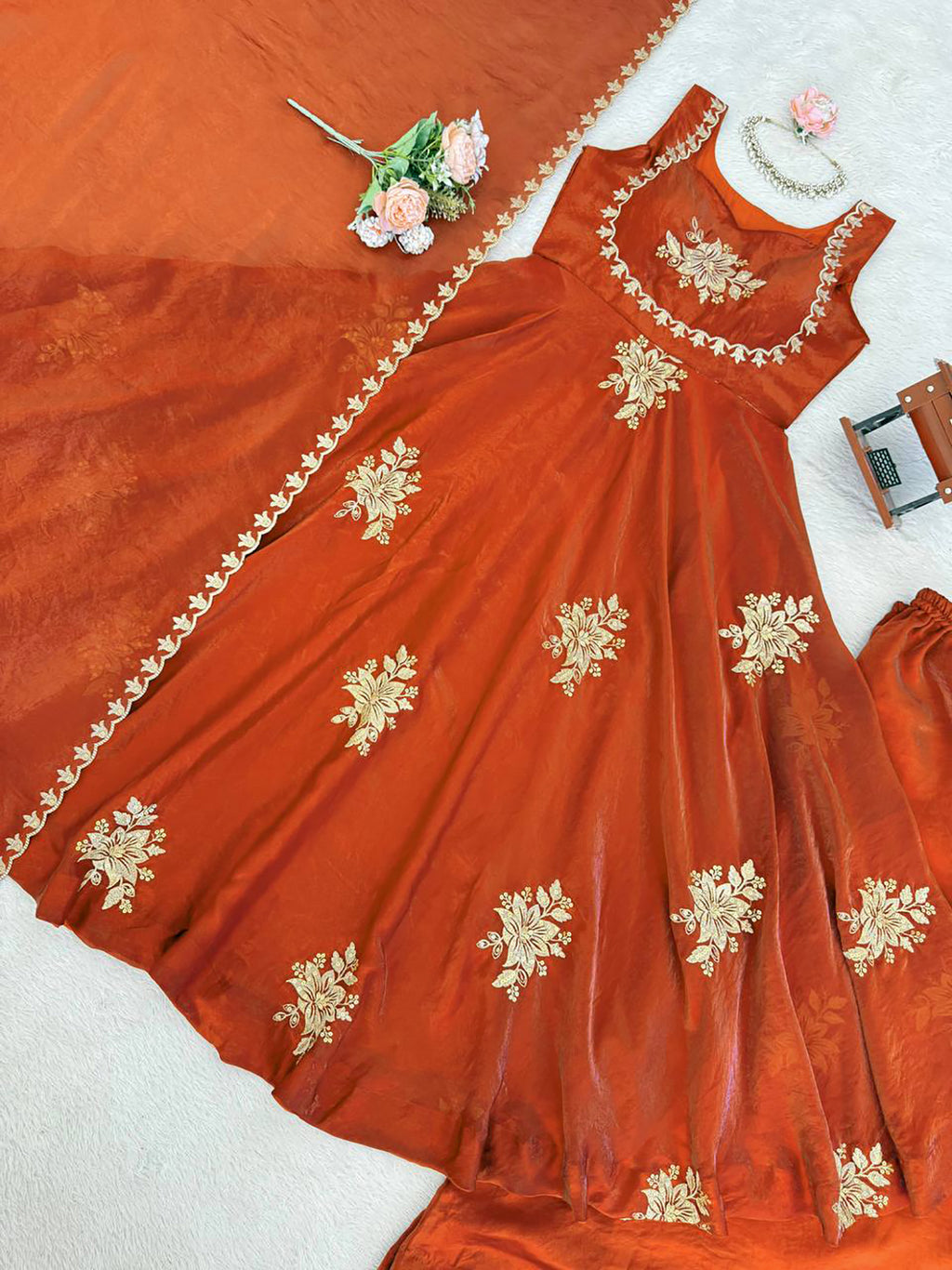 Orange Fendy Silk Anarkali Suit with Zari Sequin Work & Dupatta
