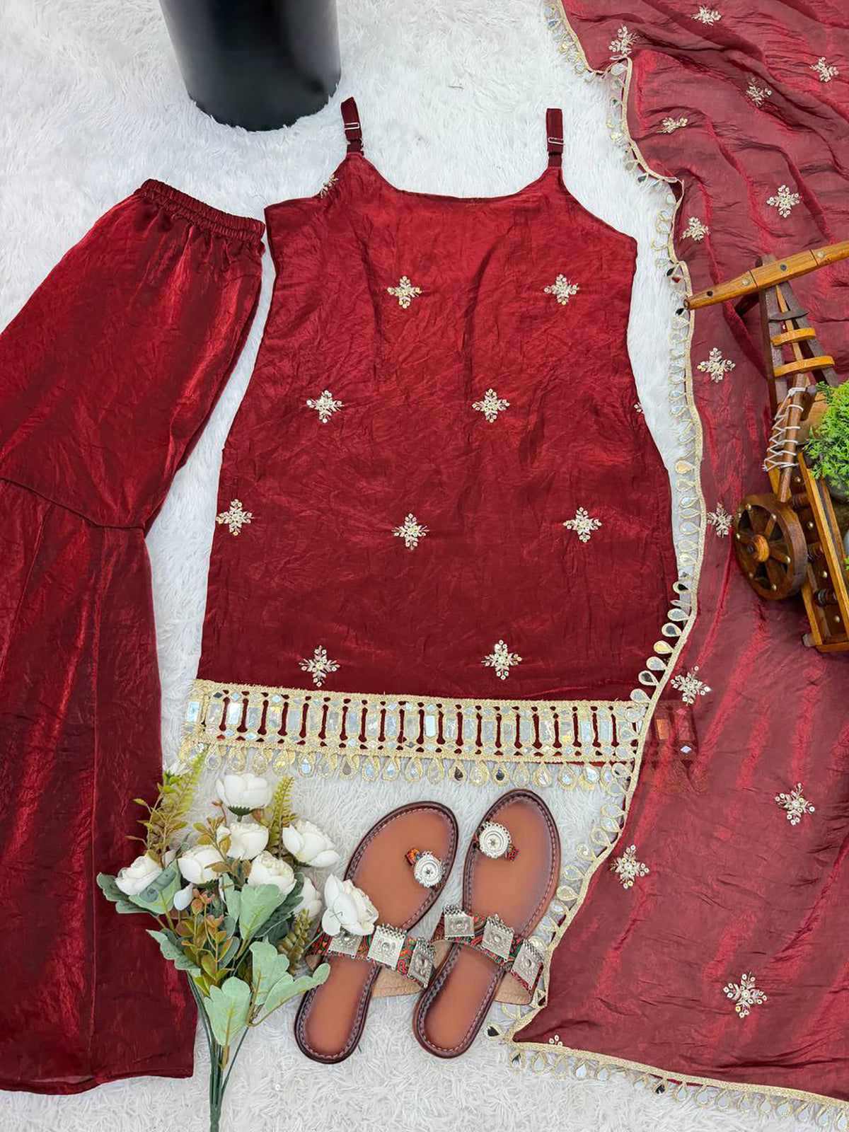 Maroon Fendy Silk Sharara Set with Mirror Work & Dupatta