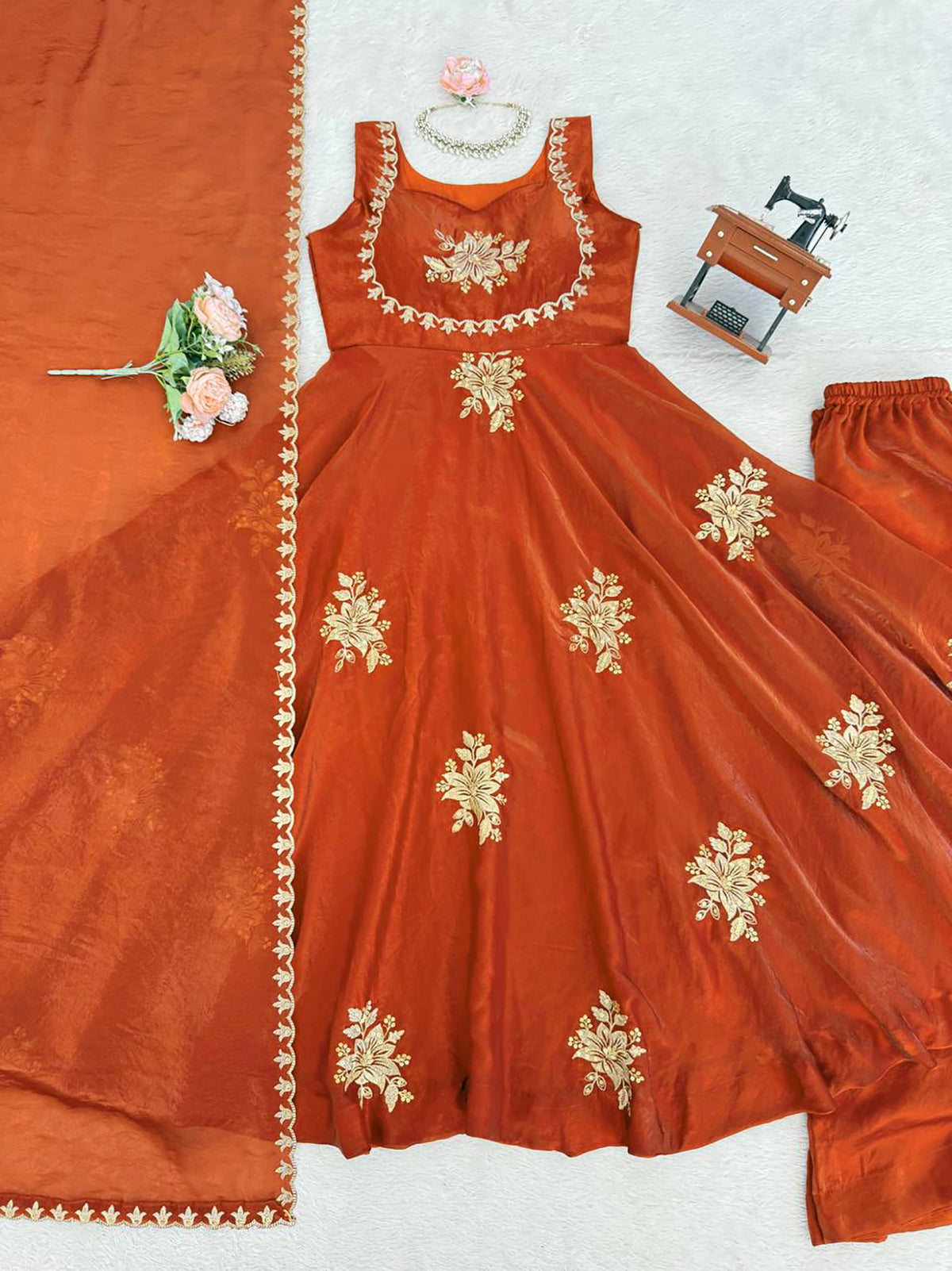 Orange Fendy Silk Anarkali Suit with Zari Sequin Work & Dupatta