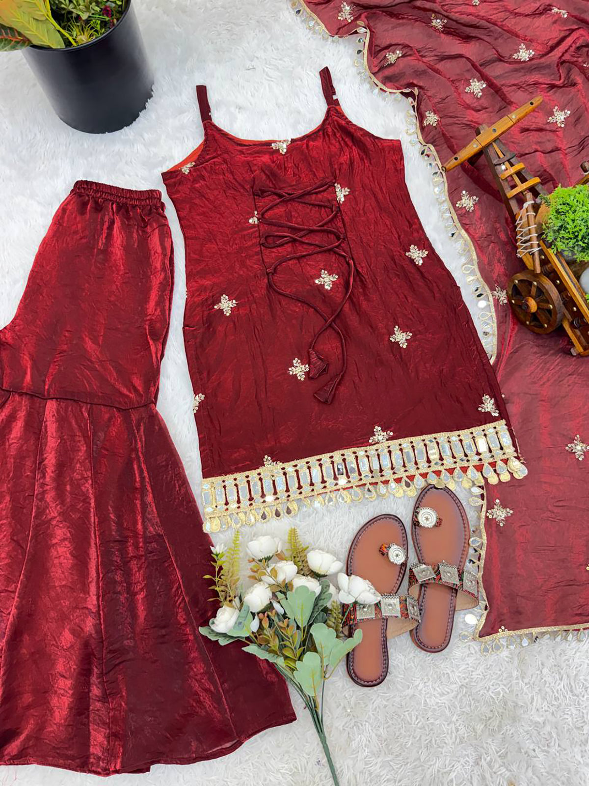 Maroon Fendy Silk Sharara Set with Mirror Work & Dupatta