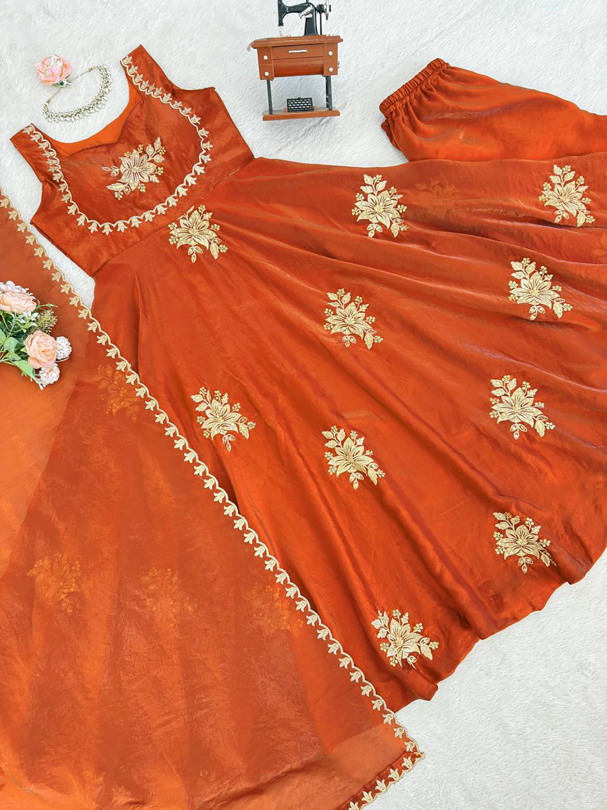 Orange Fendy Silk Anarkali Suit with Zari Sequin Work & Dupatta