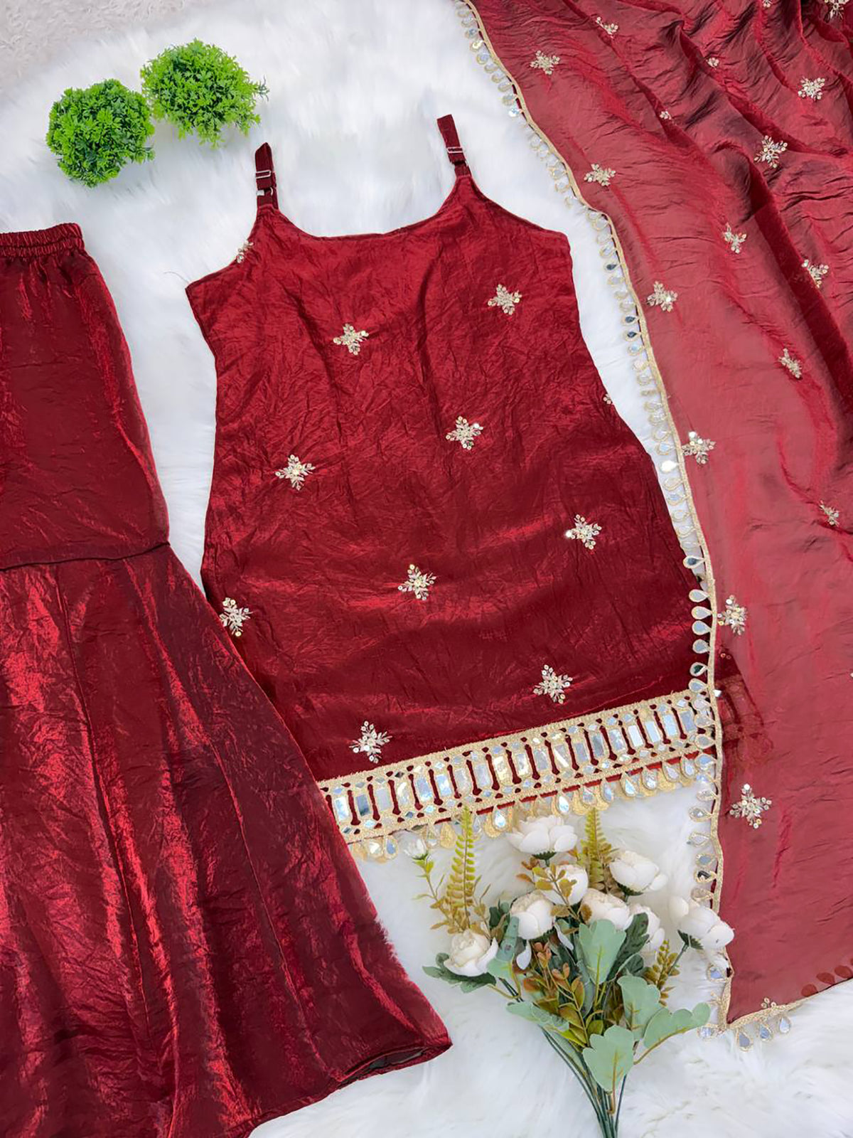 Maroon Fendy Silk Sharara Set with Mirror Work & Dupatta