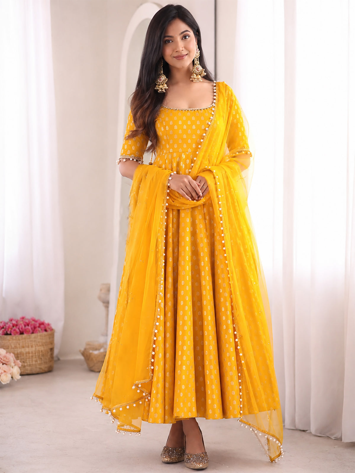 Yellow Chanderi Jacquard Anarkali Suit with Mirror Work & Dupatta