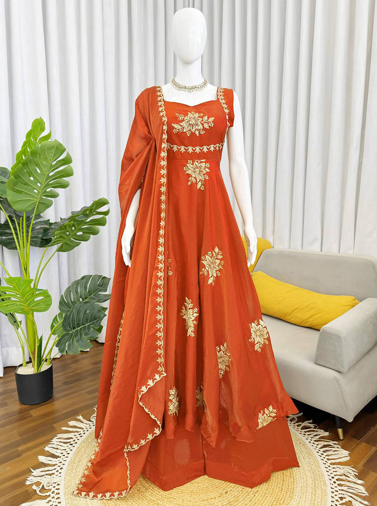 Orange Fendy Silk Anarkali Suit with Zari Sequin Work & Dupatta