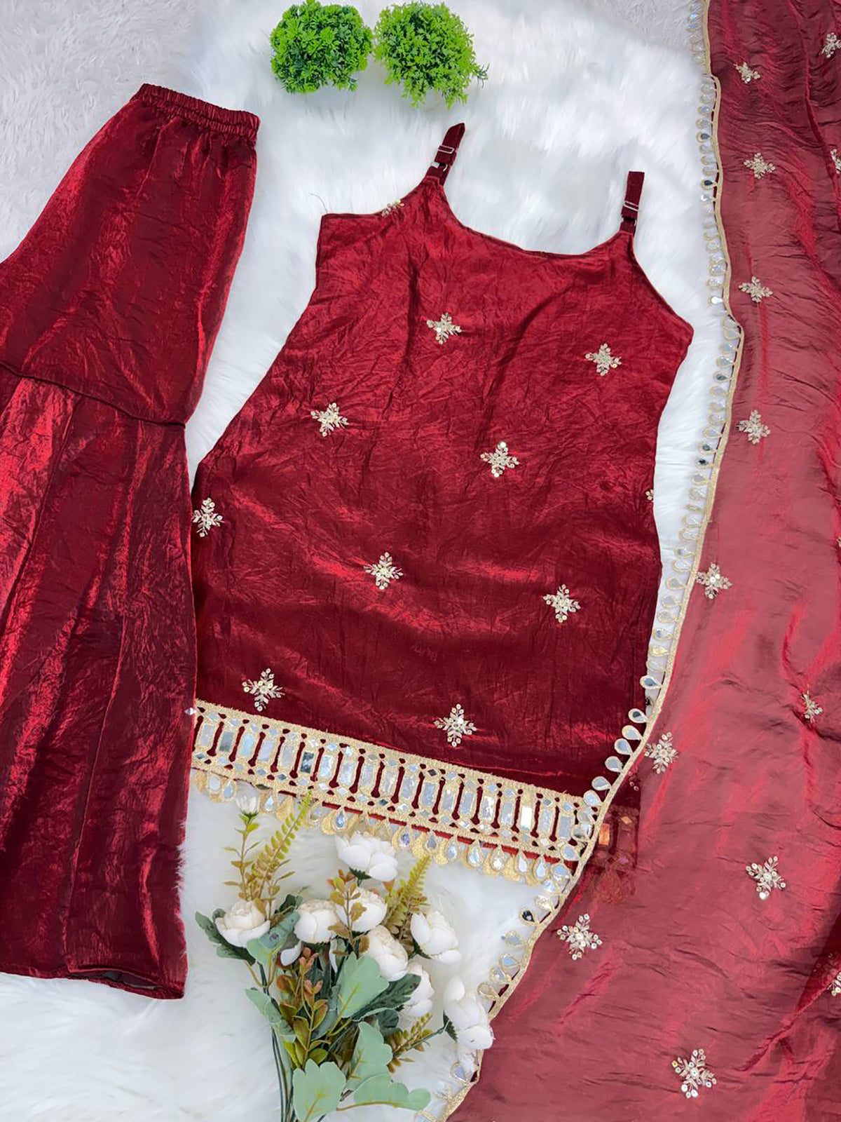 Maroon Fendy Silk Sharara Set with Mirror Work & Dupatta