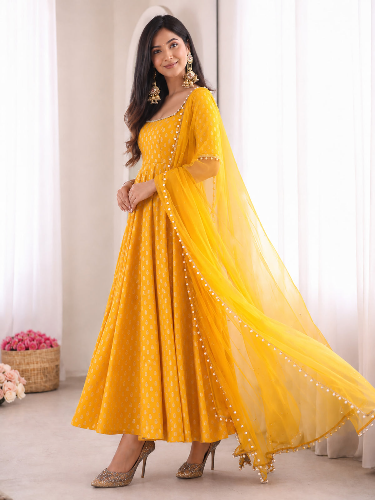 Yellow Chanderi Jacquard Anarkali Suit with Mirror Work & Dupatta
