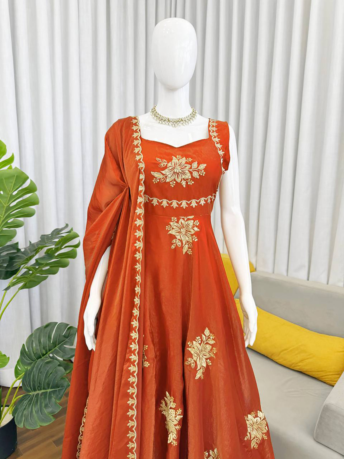 Orange Fendy Silk Anarkali Suit with Zari Sequin Work & Dupatta
