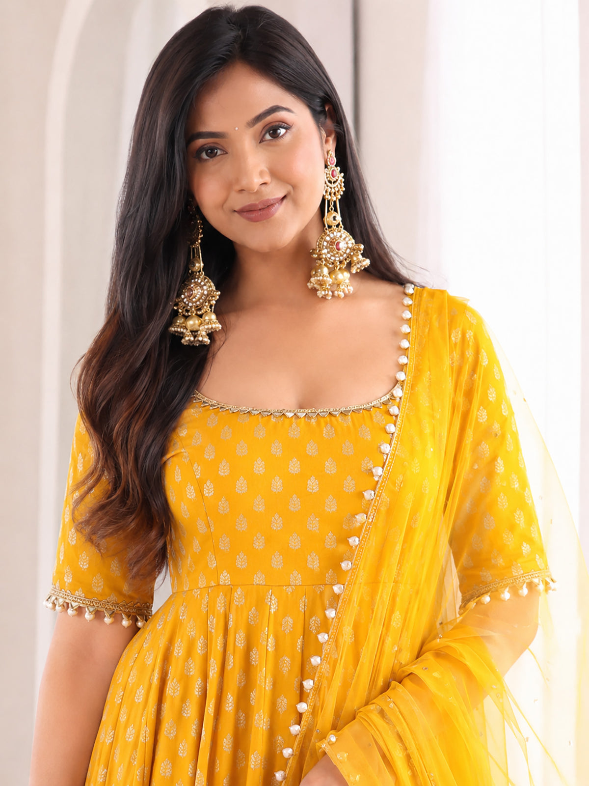 Yellow Chanderi Jacquard Anarkali Suit with Mirror Work & Dupatta