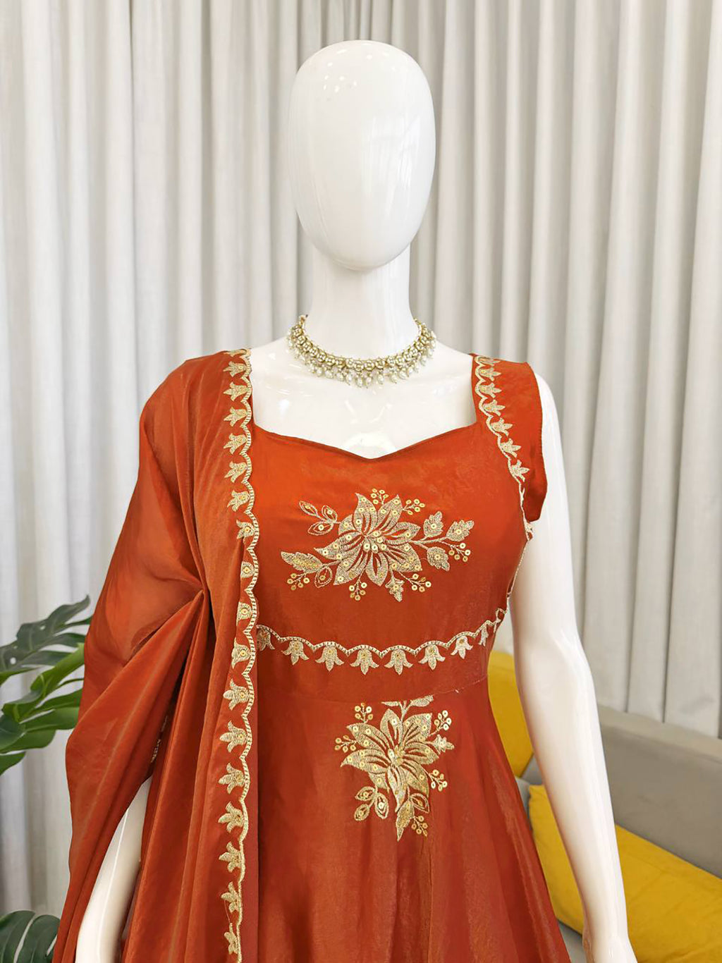 Orange Fendy Silk Anarkali Suit with Zari Sequin Work & Dupatta