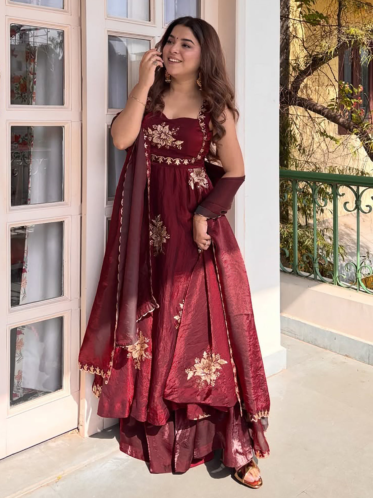 Maroon Fendy Silk Anarkali Suit with Zari Sequin Work & Dupatta