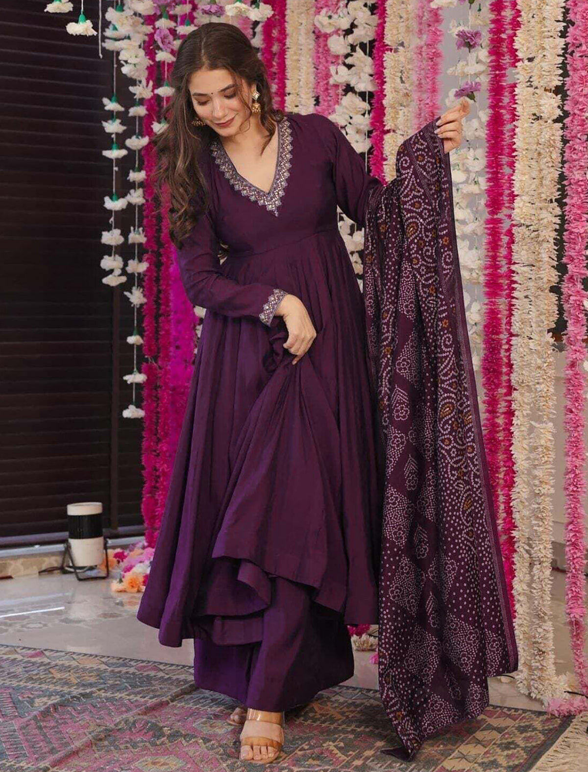 Purple Taara Anarkali Palazzo Dupatta Set for Women