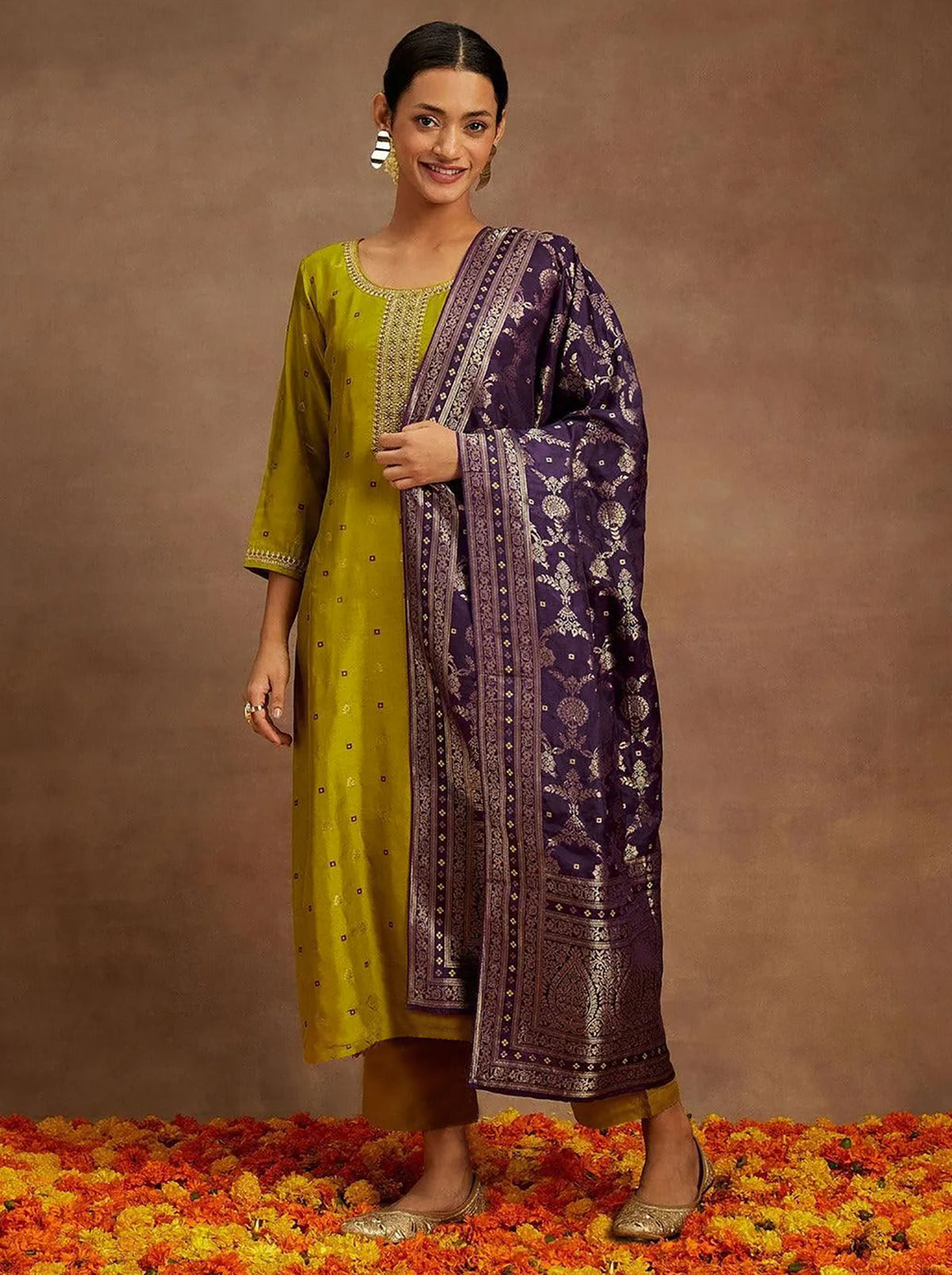 Mustard Purple Art Silk Kurta Pant Dupatta Set for Women