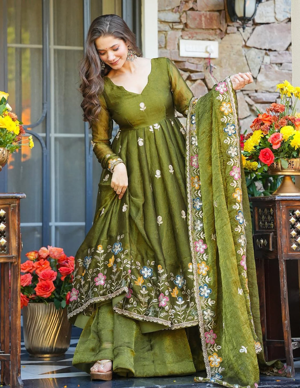 Olive Green Floral Embroidered Anarkali Suit Set with Palazzo & Dupatta