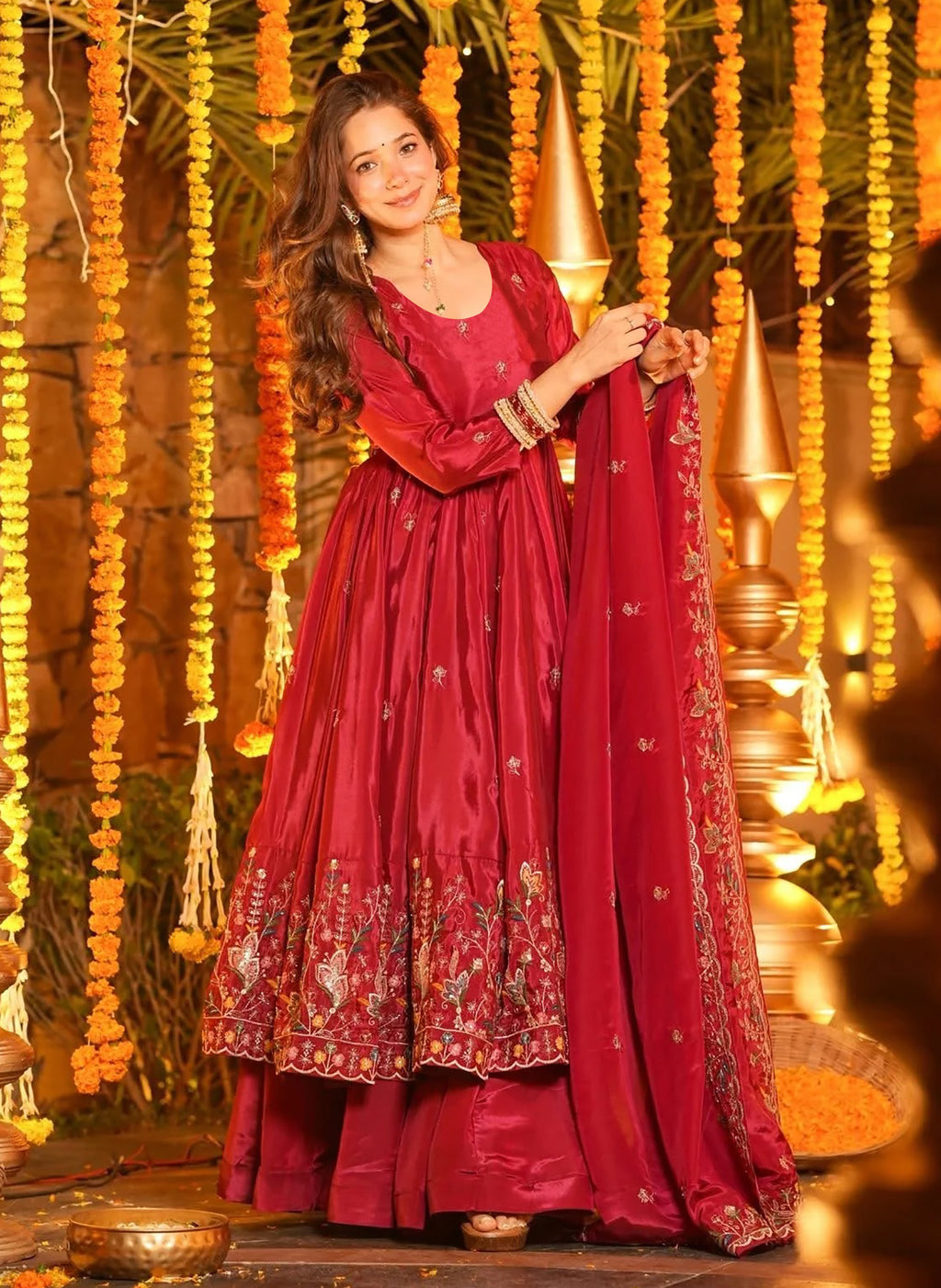 Red Floral Embroidered French Crepe Anarkali Suit Set with Palazzo & Dupatta