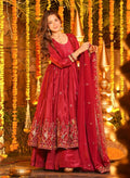 Red Floral Embroidered French Crepe Anarkali Suit Set with Palazzo & Dupatta