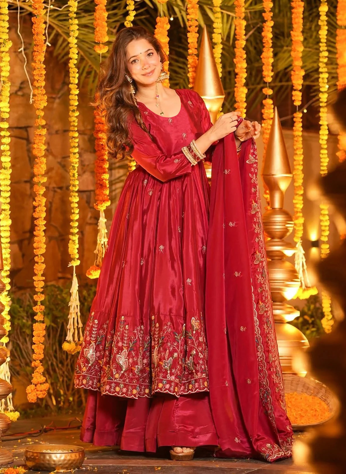 Red Floral Embroidered French Crepe Anarkali Suit Set with Palazzo & Dupatta