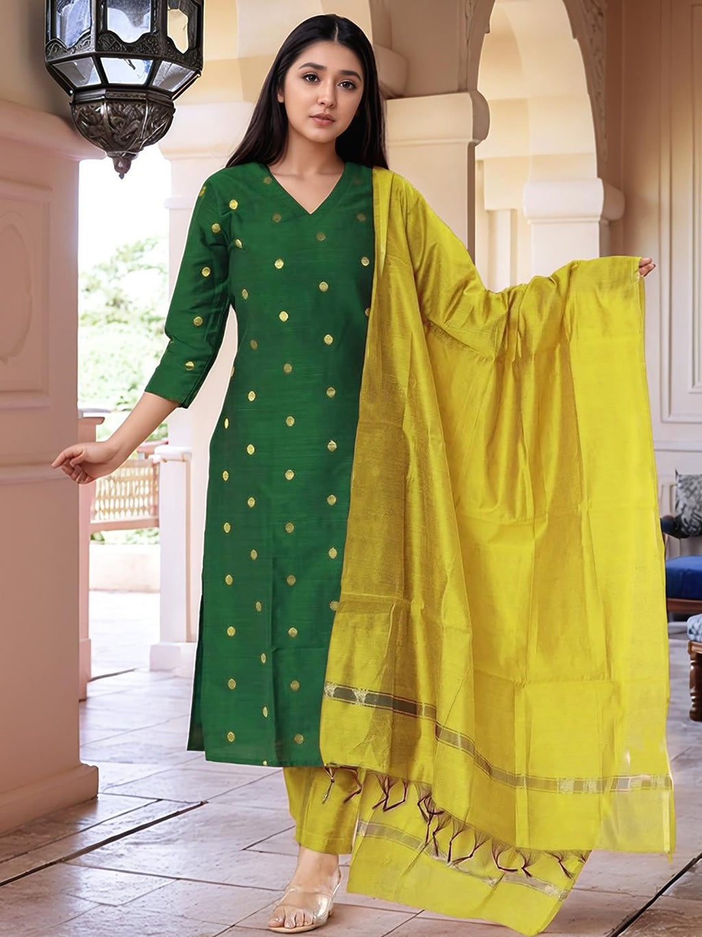 Green Art Silk Woven Kurta Set with Yellow Dupatta