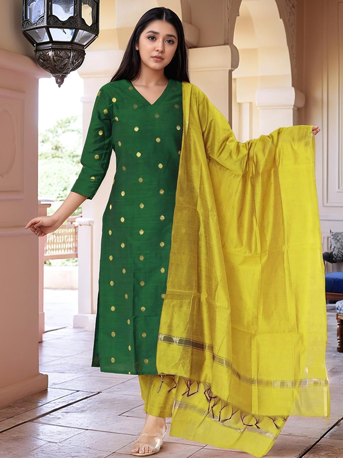 Green Art Silk Woven Kurta Set with Yellow Dupatta