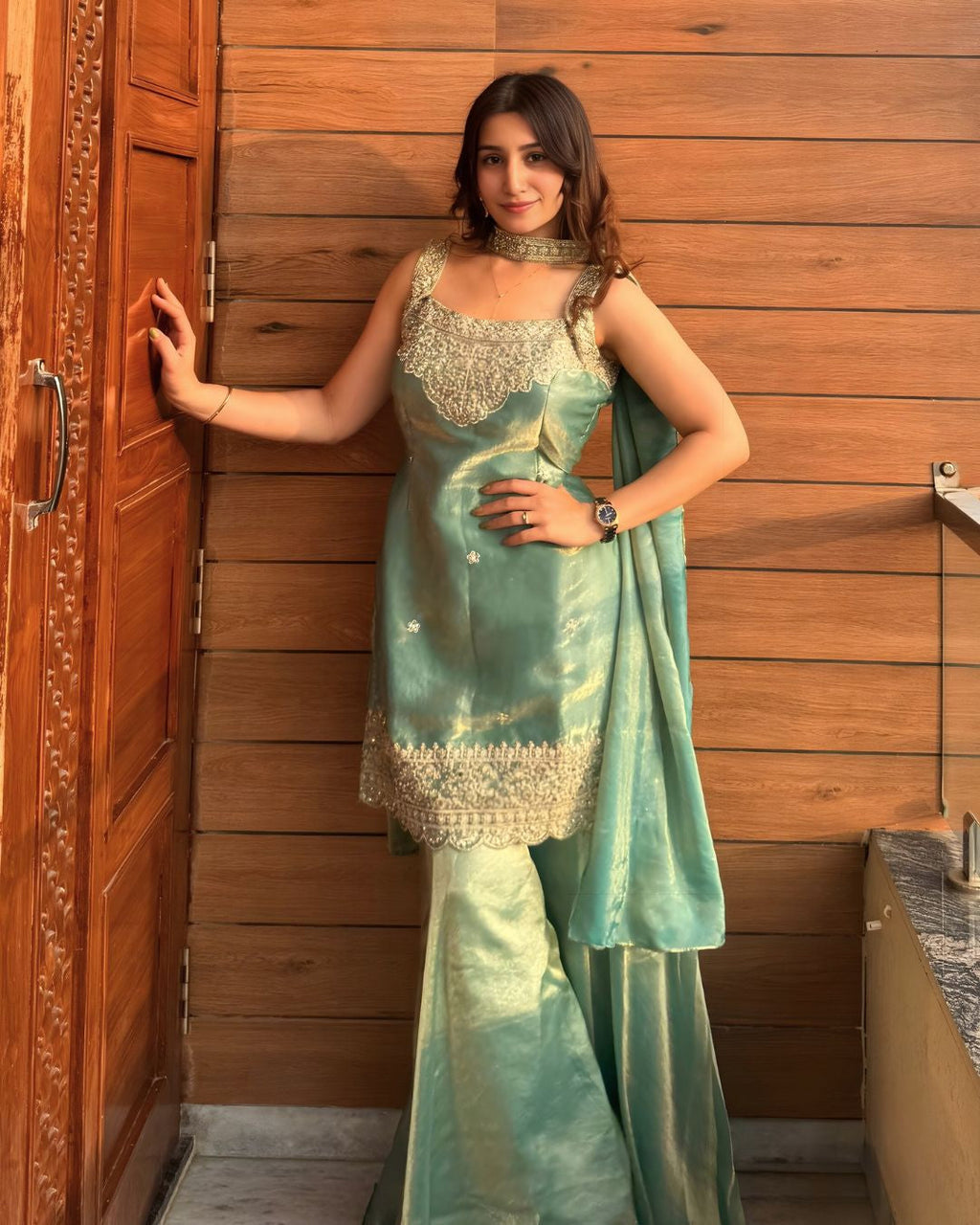 Mint Green Fendy Silk Sharara Suit with Sequin Embroidery & Dupatta