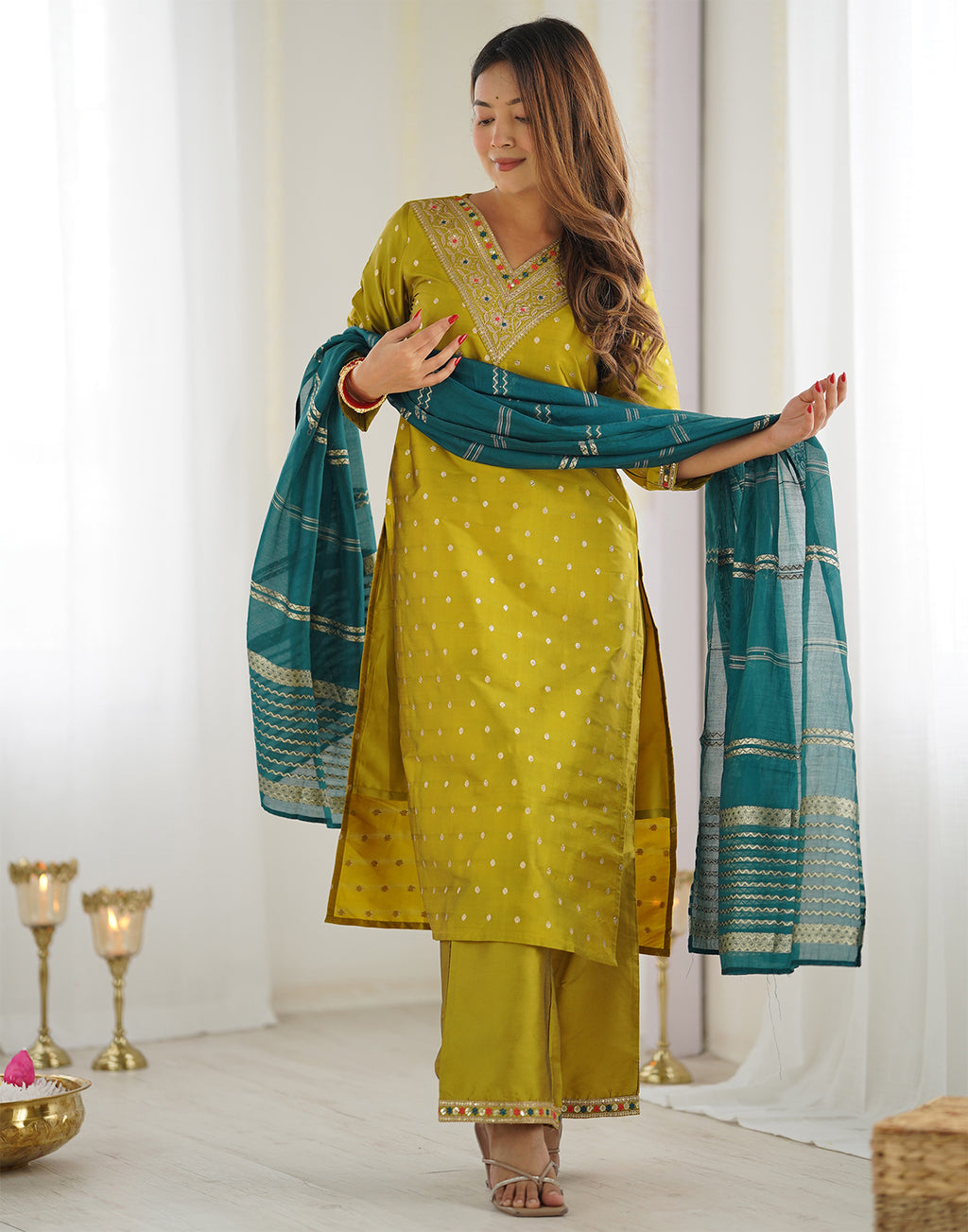 Mustard Jacquard Woven Kurta Set with Silk Blend Pant & Dupatta