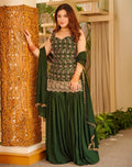 Dark Green Embroidered French Crepe Kurta Sharara Set with Dupatta