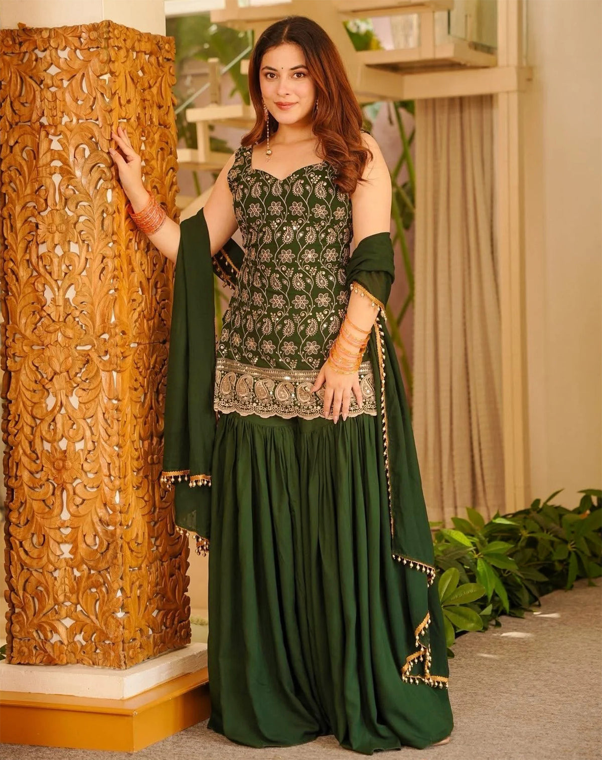 Dark Green Embroidered French Crepe Kurta Sharara Set with Dupatta