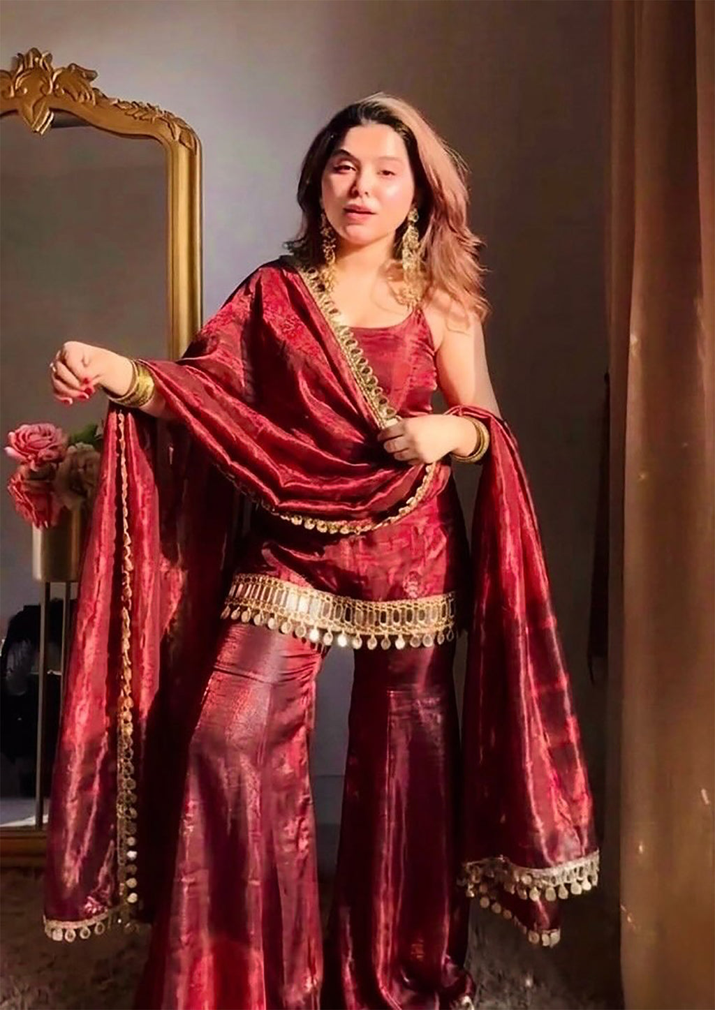 Maroon Fendy Silk Sharara Set with Mirror Work & Dupatta