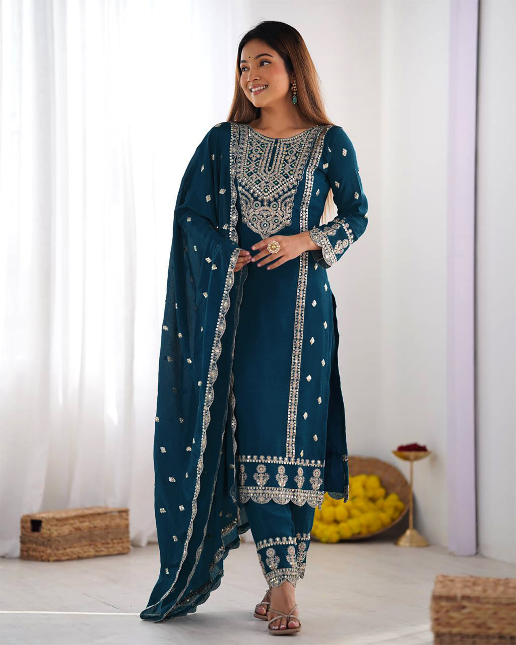 Cerulean Blue Embroidered Tesla Kurta Set with Vichitra Dupatta