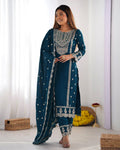 Cerulean Blue Embroidered Tesla Kurta Set with Vichitra Dupatta