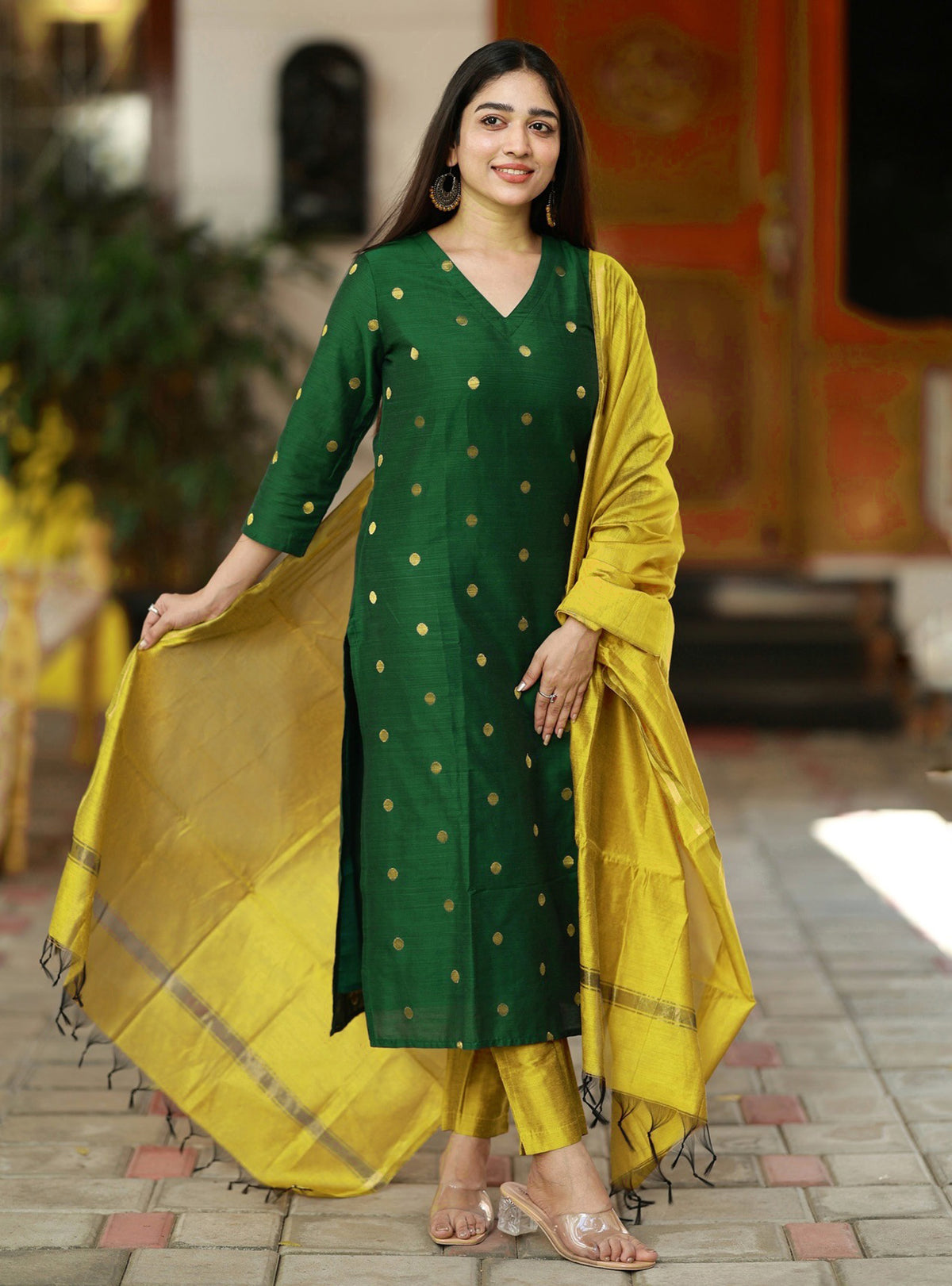 Green Art Silk Woven Kurta Set with Yellow Dupatta