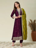 Wine Embroidered Vichitra Anarkali Kurta Set with Green Dupatta