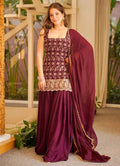 Maroon Embroidered French Crepe Kurta Sharara Set with Dupatta