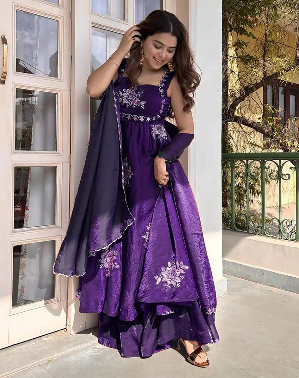 Violet Fendy Silk Anarkali Suit with Zari Sequin Work & Dupatta