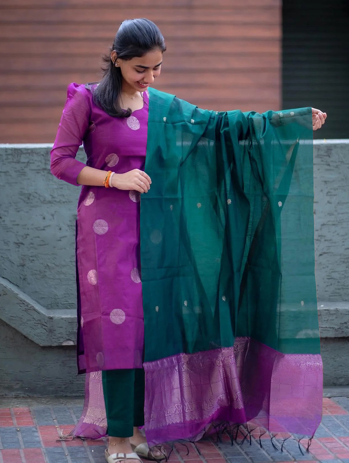 Purple Green Art Silk Kurta Pant Dupatta Set for Women