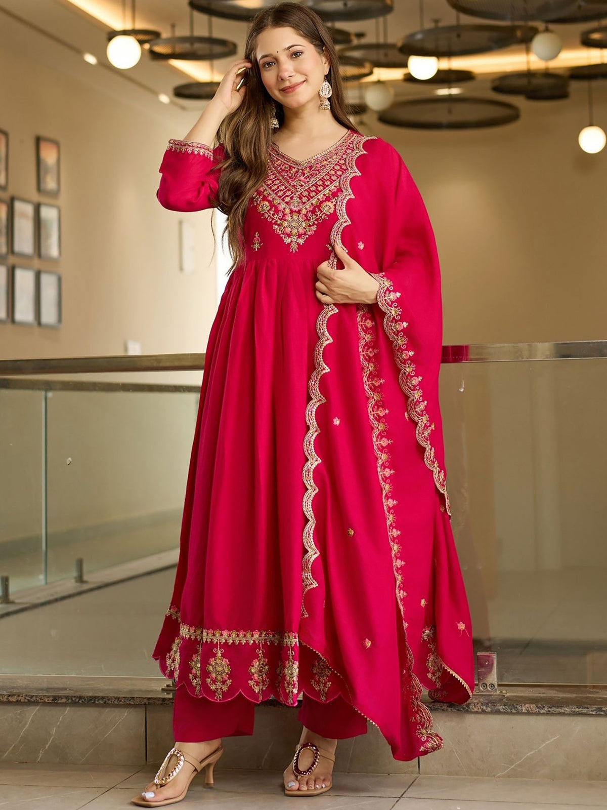 Pink Embroidered Vichitra Anarkali Suit Set with Pant & Embroidered Dupatta