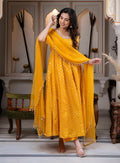Yellow Chanderi Jacquard Anarkali Suit with Mirror Work & Dupatta