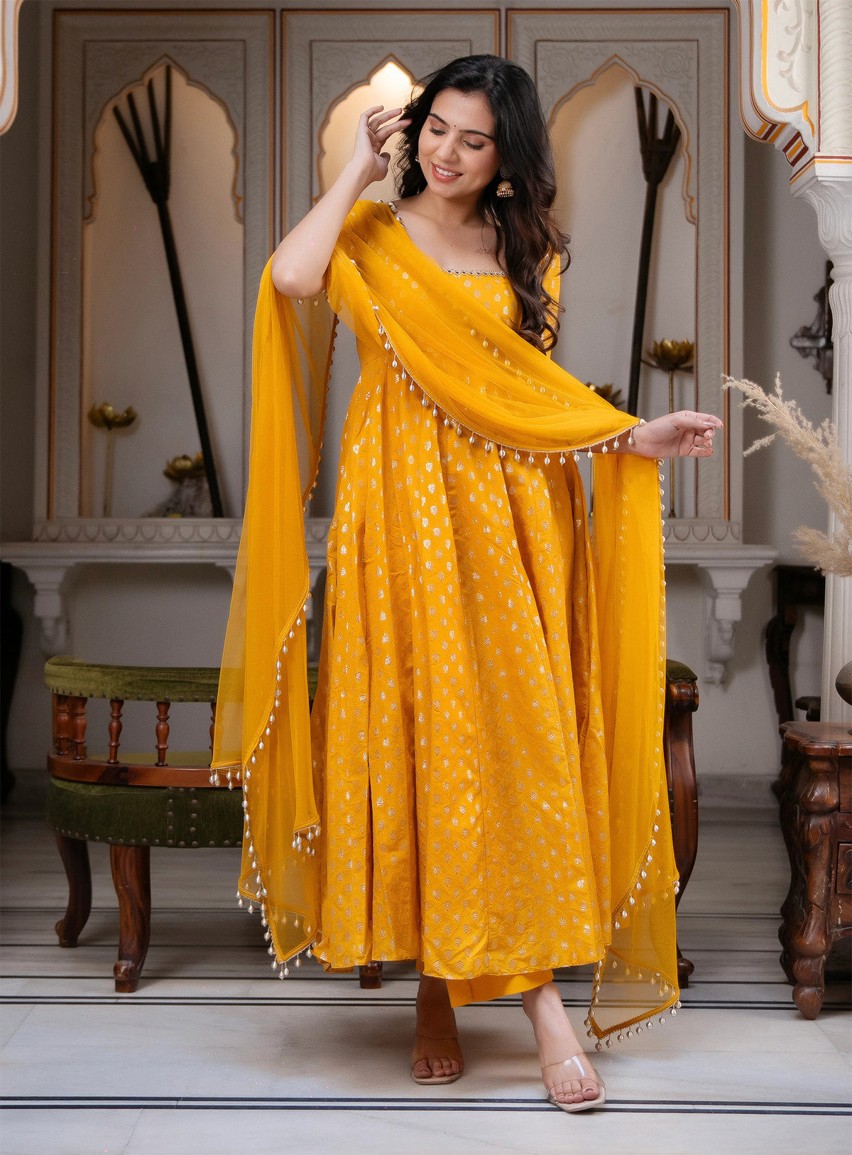 Yellow Chanderi Jacquard Anarkali Suit with Mirror Work & Dupatta