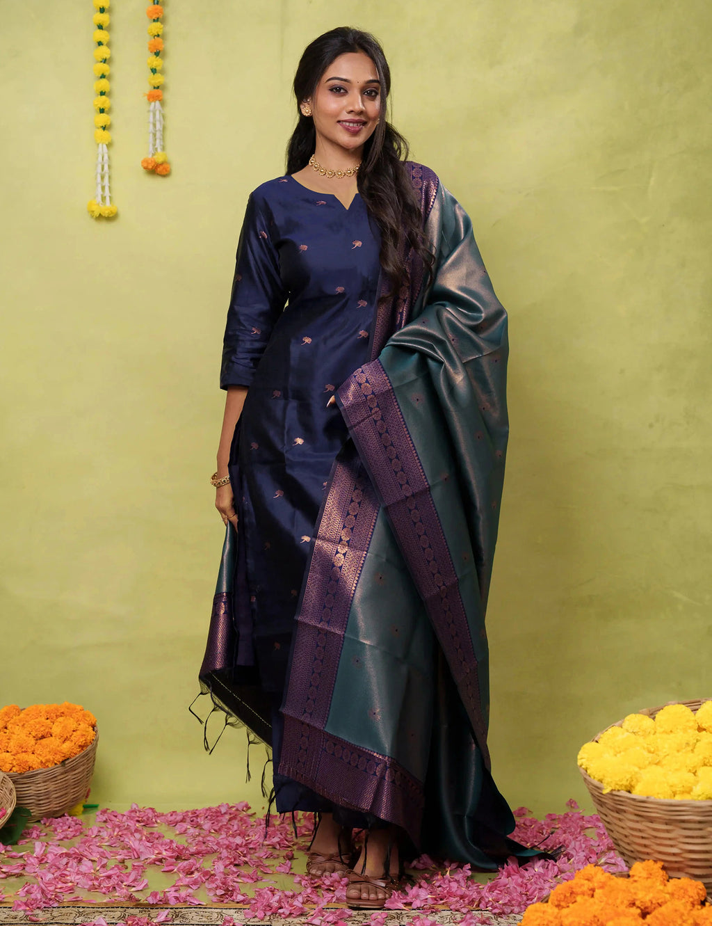 Royal Blue Art Silk Woven Kurta Set with Matching Dupatta