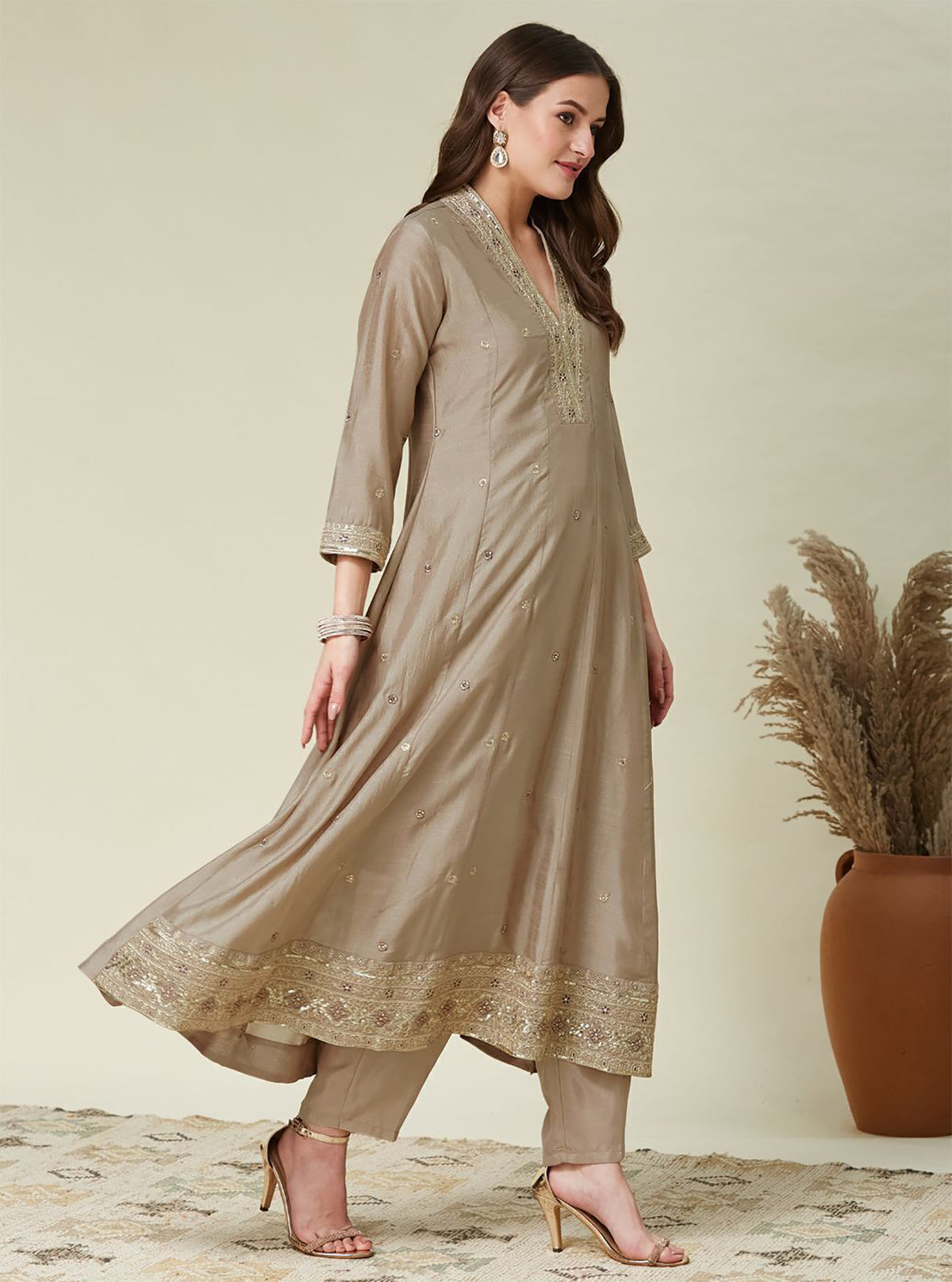 Beige Embroidered Vichitra Anarkali Kurta Set with Wine Dupatta