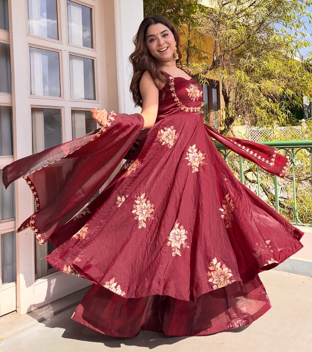Maroon Fendy Silk Anarkali Suit with Zari Sequin Work & Dupatta