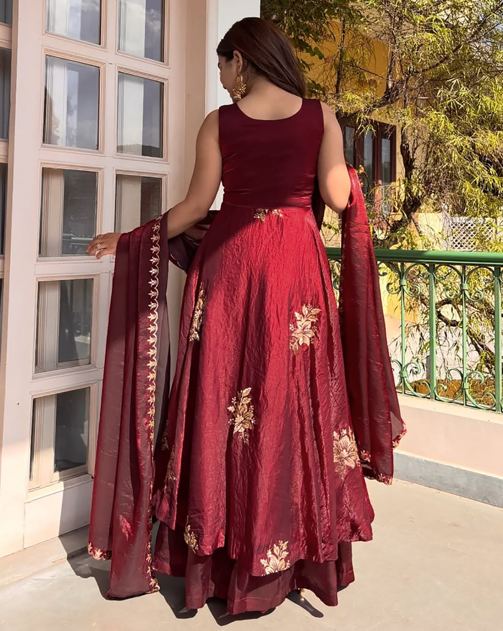Maroon Fendy Silk Anarkali Suit with Zari Sequin Work & Dupatta