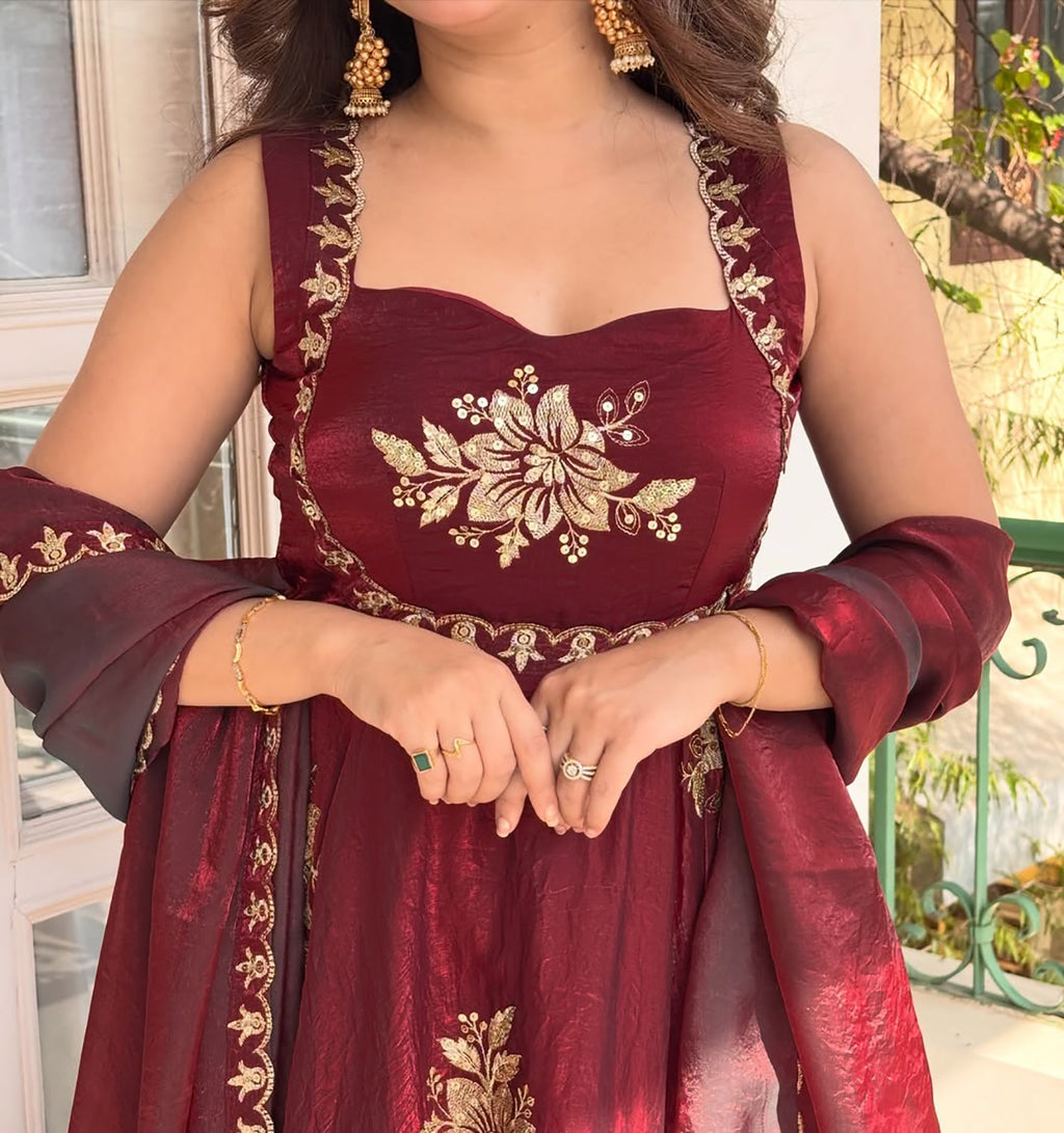 Maroon Fendy Silk Anarkali Suit with Zari Sequin Work & Dupatta