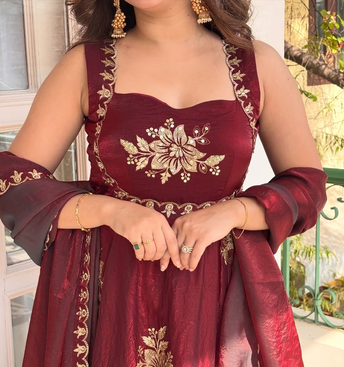 Maroon Fendy Silk Anarkali Suit with Zari Sequin Work & Dupatta