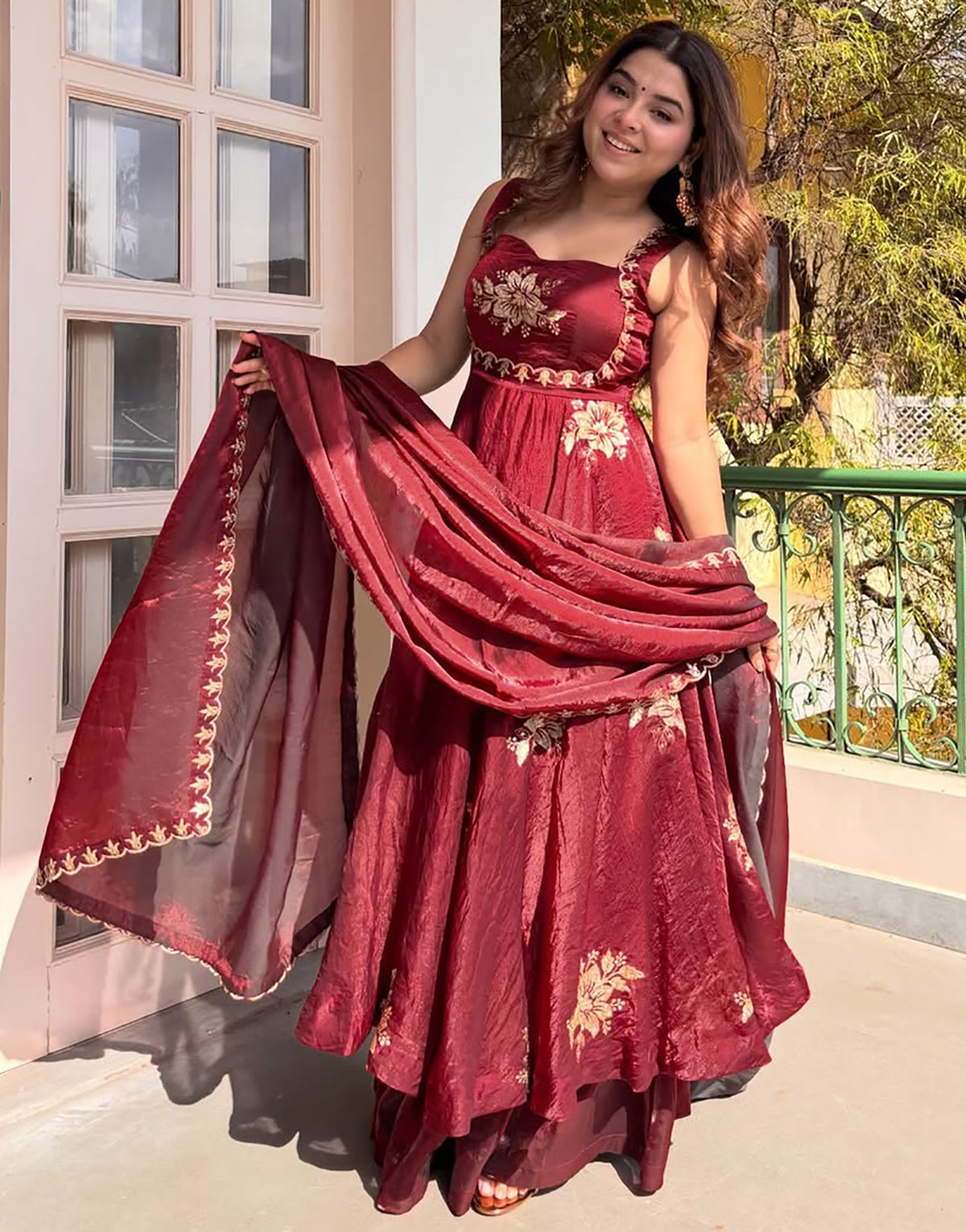 Maroon Fendy Silk Anarkali Suit with Zari Sequin Work & Dupatta