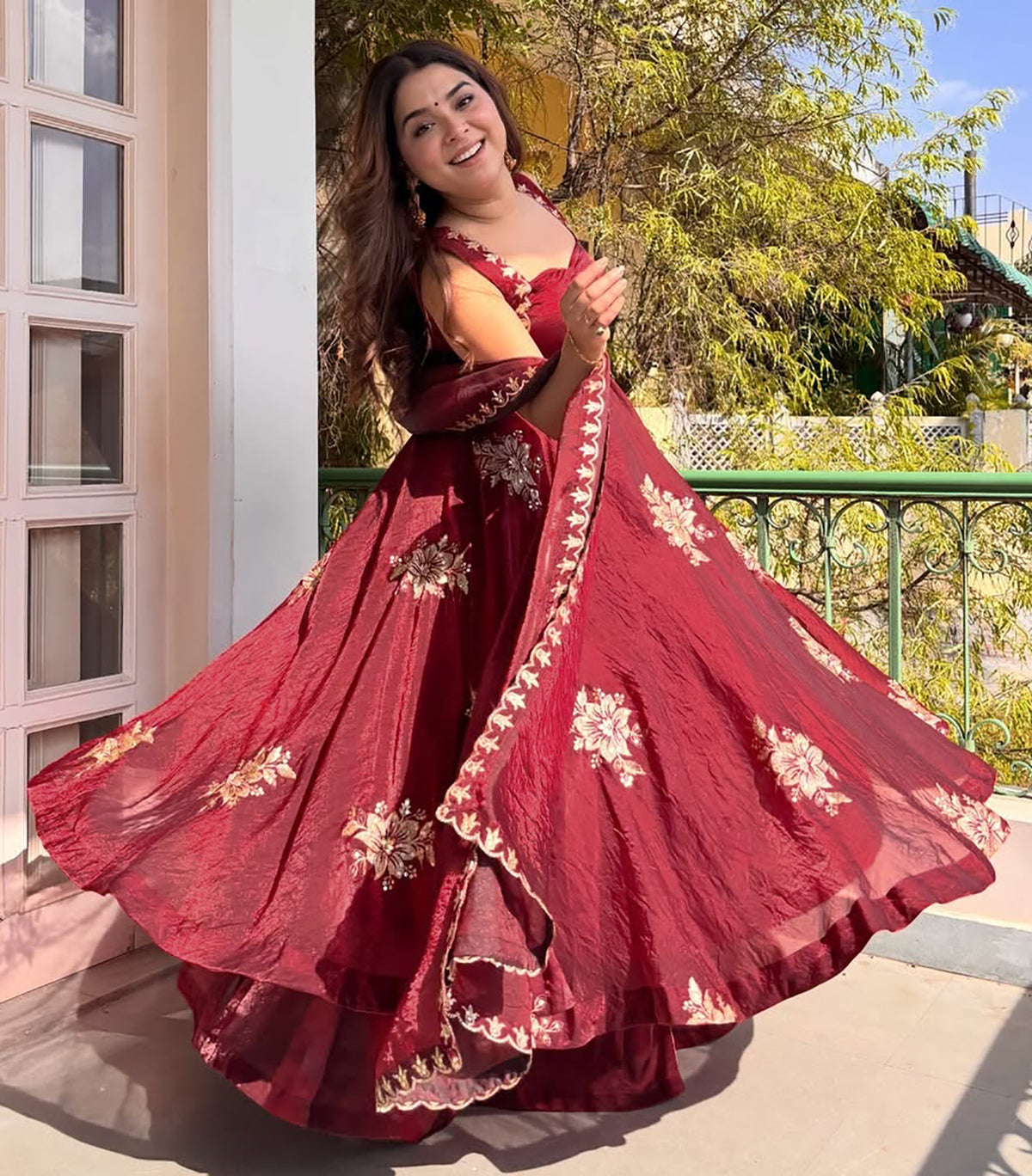 Maroon Fendy Silk Anarkali Suit with Zari Sequin Work & Dupatta