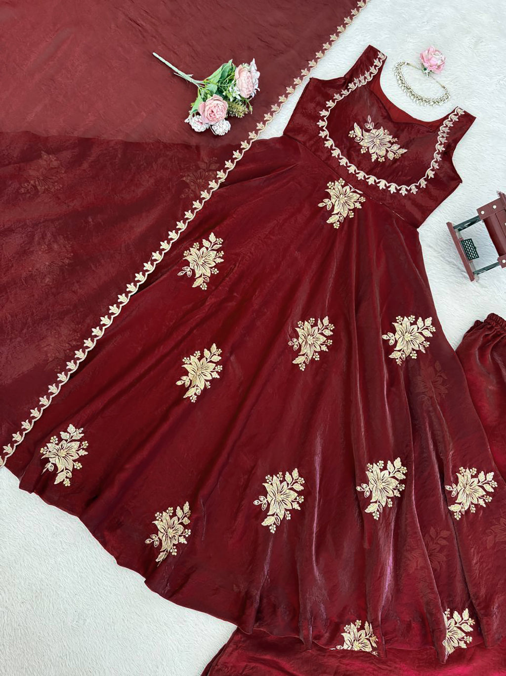 Maroon Fendy Silk Anarkali Suit with Zari Sequin Work & Dupatta