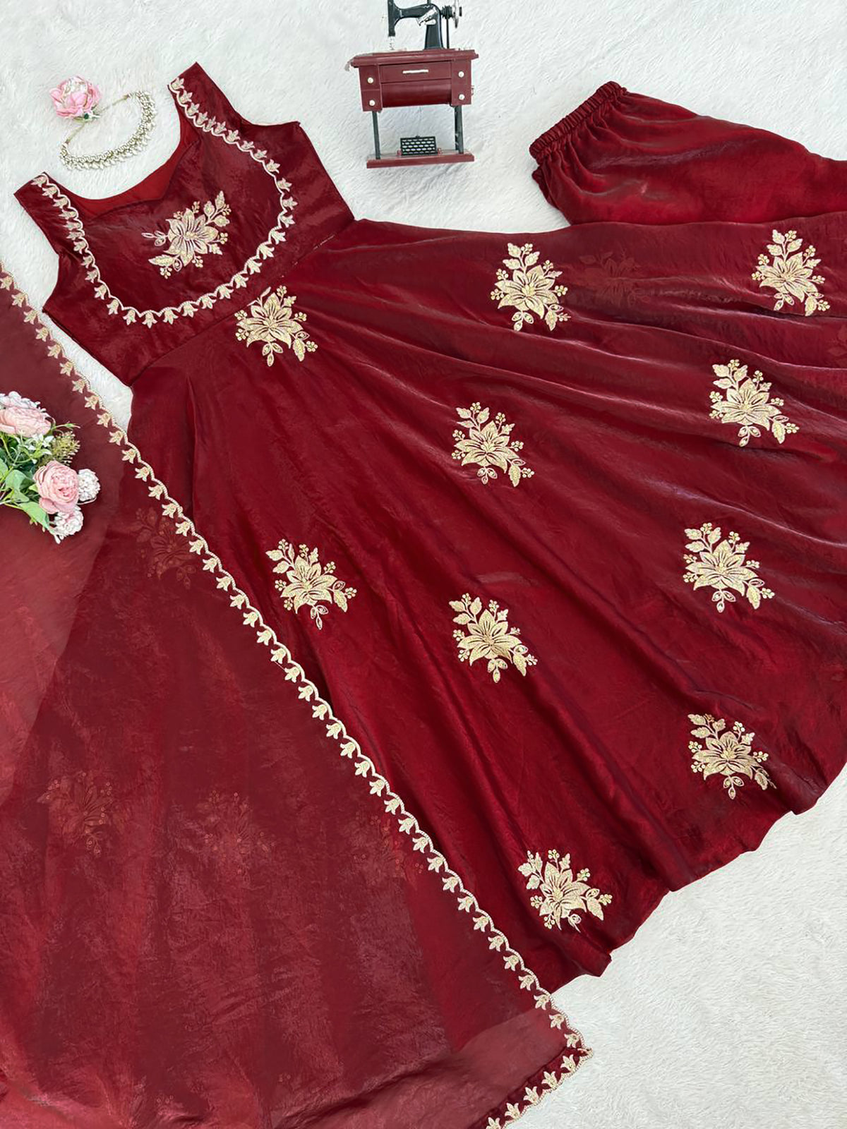 Maroon Fendy Silk Anarkali Suit with Zari Sequin Work & Dupatta