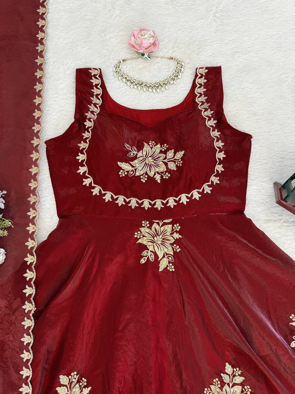 Maroon Fendy Silk Anarkali Suit with Zari Sequin Work & Dupatta