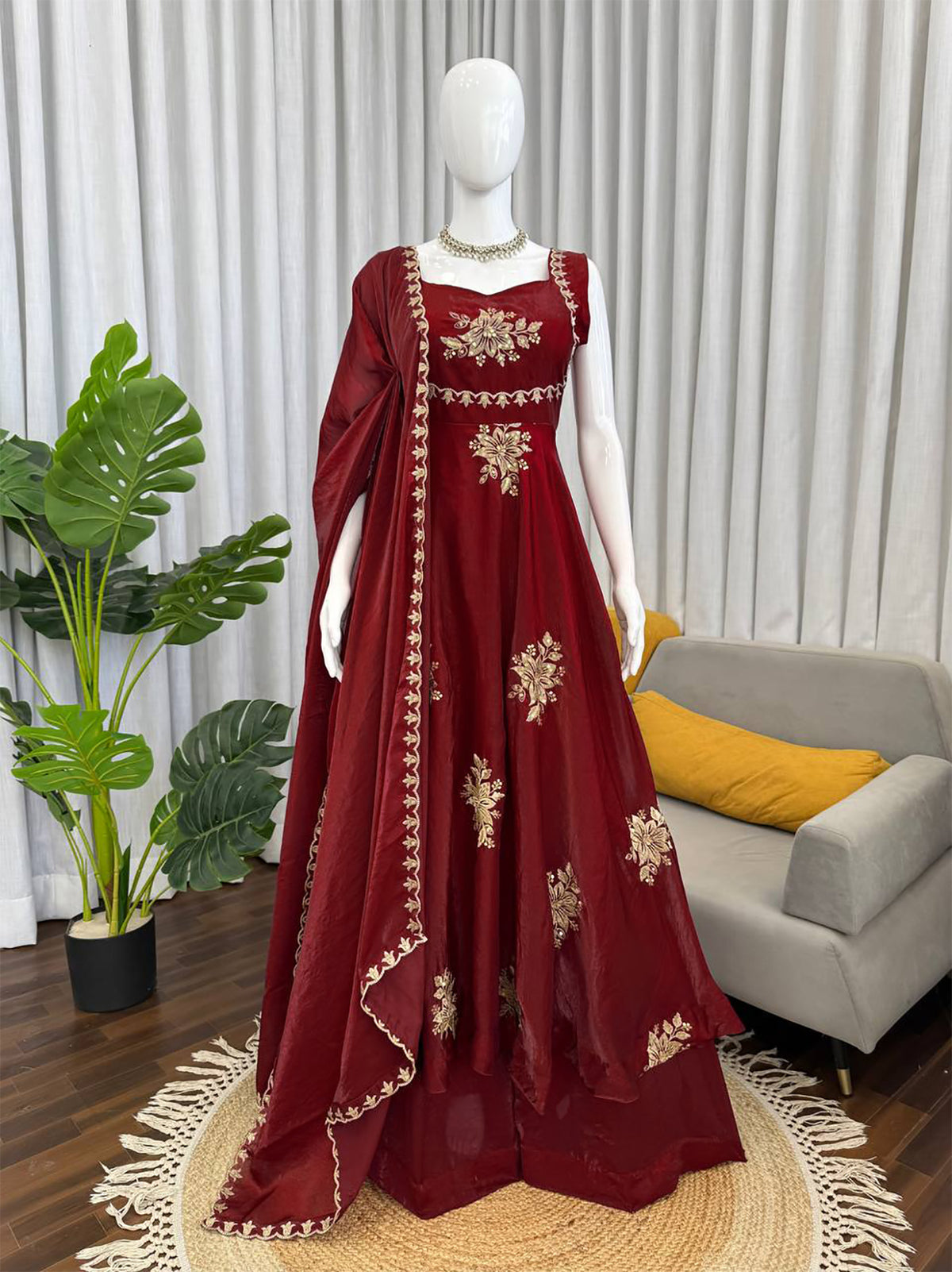 Maroon Fendy Silk Anarkali Suit with Zari Sequin Work & Dupatta