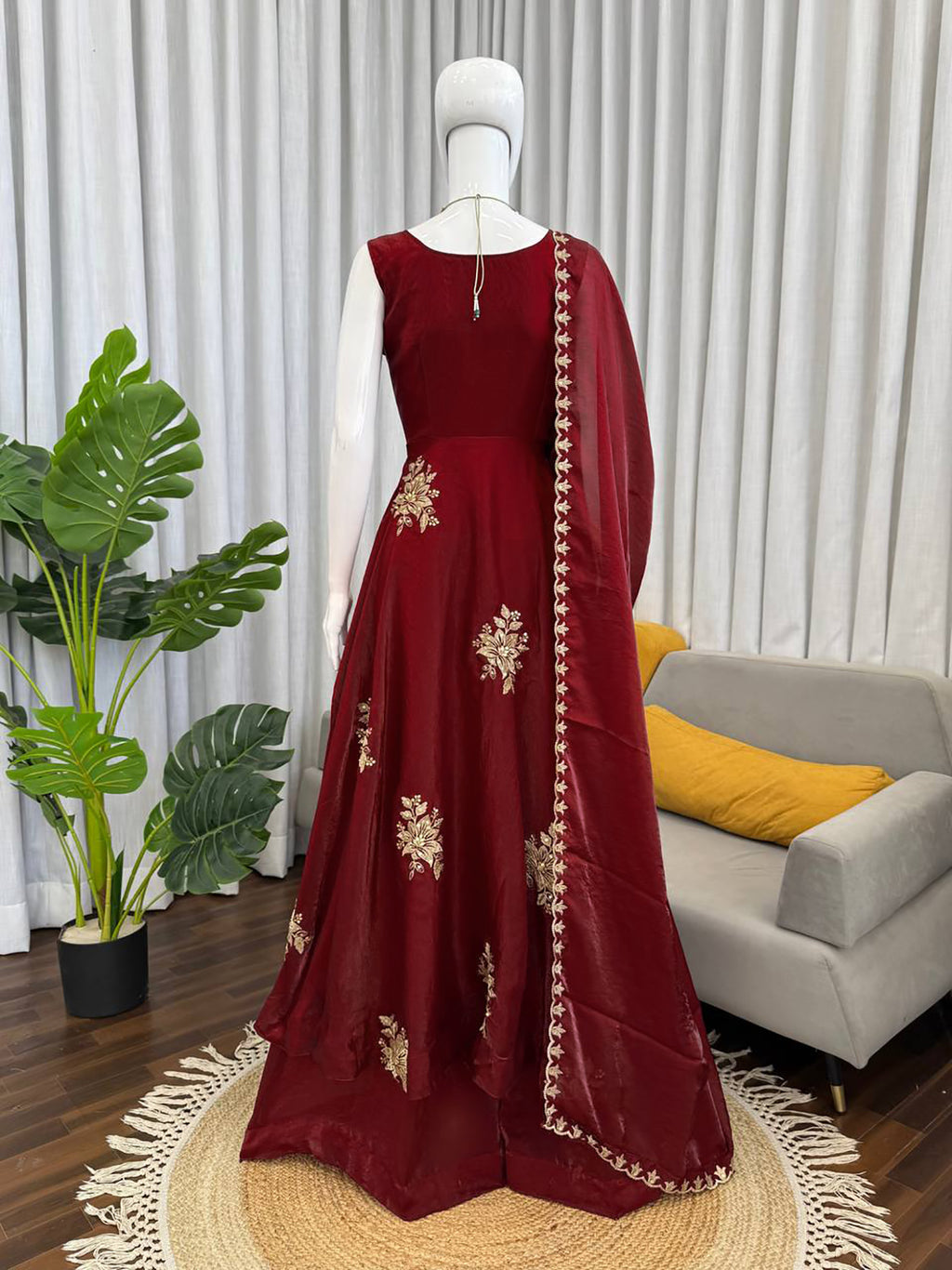 Maroon Fendy Silk Anarkali Suit with Zari Sequin Work & Dupatta